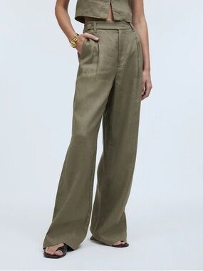 Madewell The Harlow Olive Linen Wide-Leg Trousers Size 6